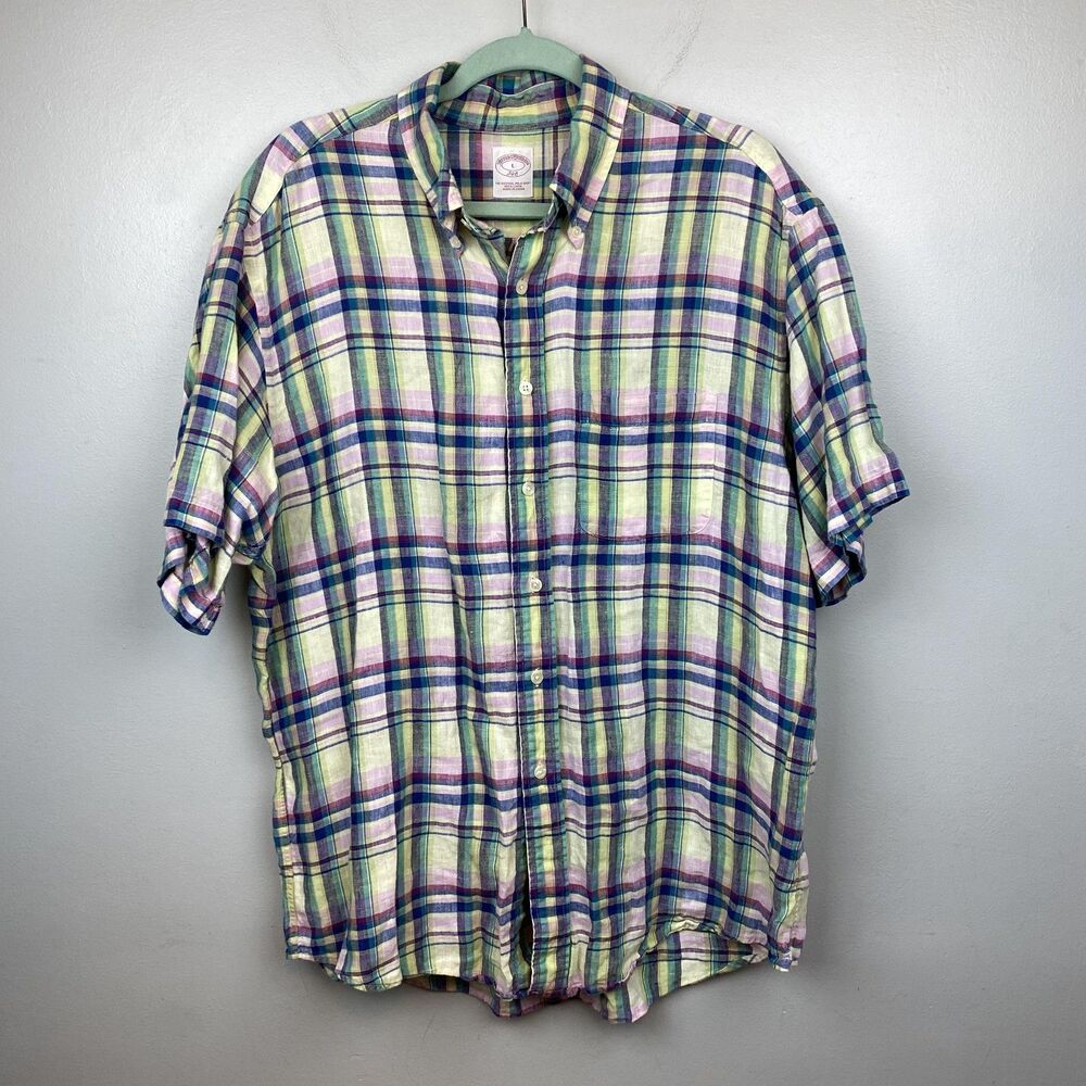 Brooks Brothers Shirt Mens Large Plaid Linen 346 Short Sleeve Button‎ Up Summer